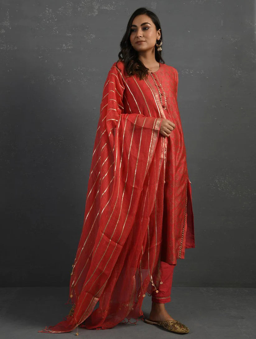 Women's Pink Block Printed Handwoven Chanderi Kurta with Mul Slip and Pants (Set of 3) By Room9 The Popup Store