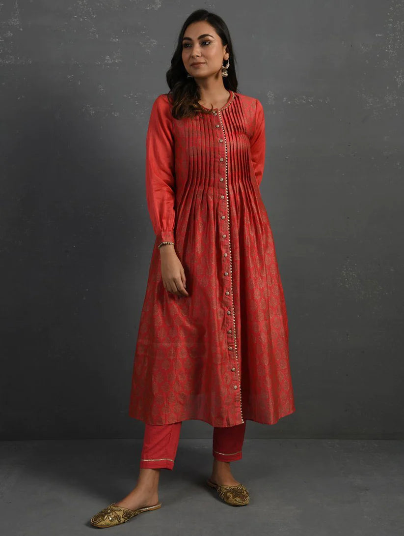 Women's Handwoven Chanderi Kurta with Mul Slip & Pants (Set of 3) By Room9 The Popup Store