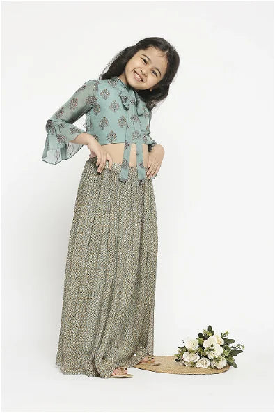 Women's Muasir Printed Skirt Paired With Crop Top Which Has Bell Sleeves And Neck Tie Up By Room9 The Popup Store