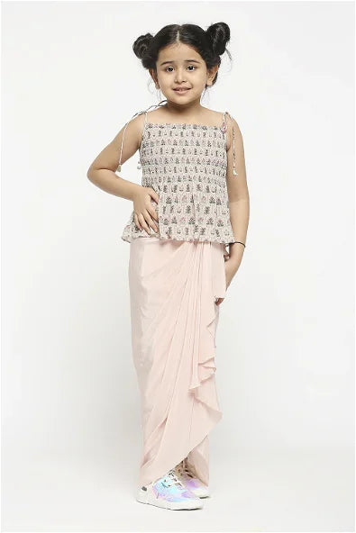 Women's Mughal Floral Printed Crop Top With Shoulder Tie Up Paired With Draped Skirt By Room9 The Popup Store