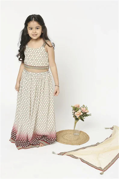 Women's Applique Geometric Printed Lehenga Paired With Crop Top And Net Dupatta