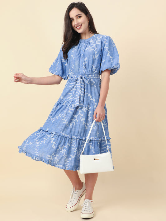Women's Blue Puffed Sleeves A-Line Dress By Room9 The Popup Store