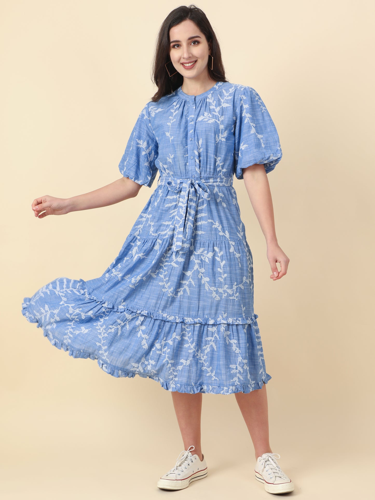 Women's Blue Puffed Sleeves A-Line Dress By Room9 The Popup Store