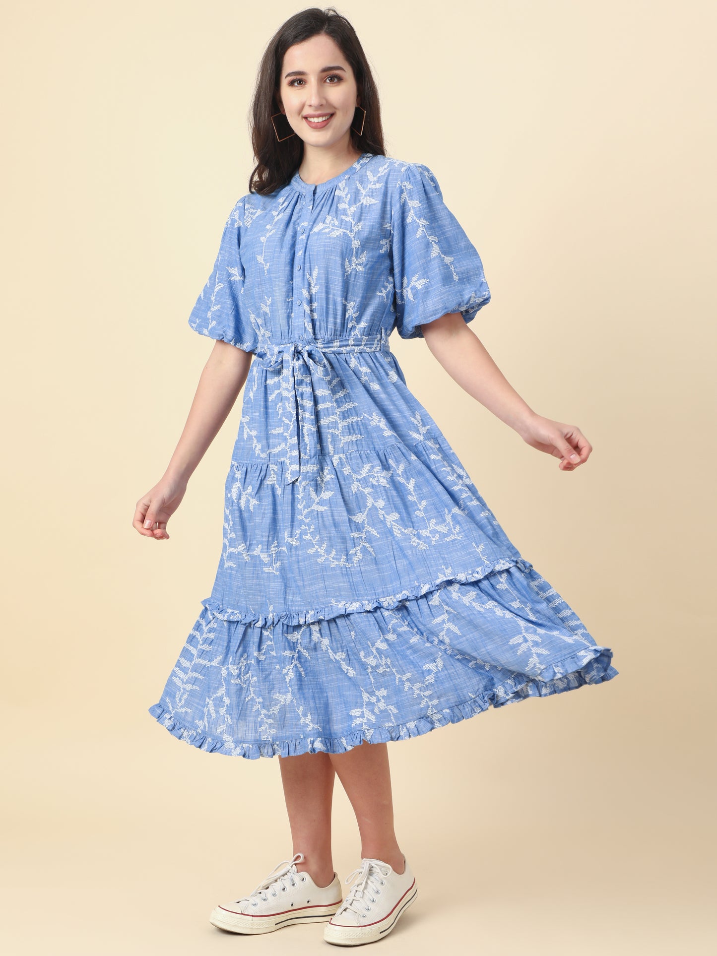Women's Blue Puffed Sleeves A-Line Dress By Room9 The Popup Store