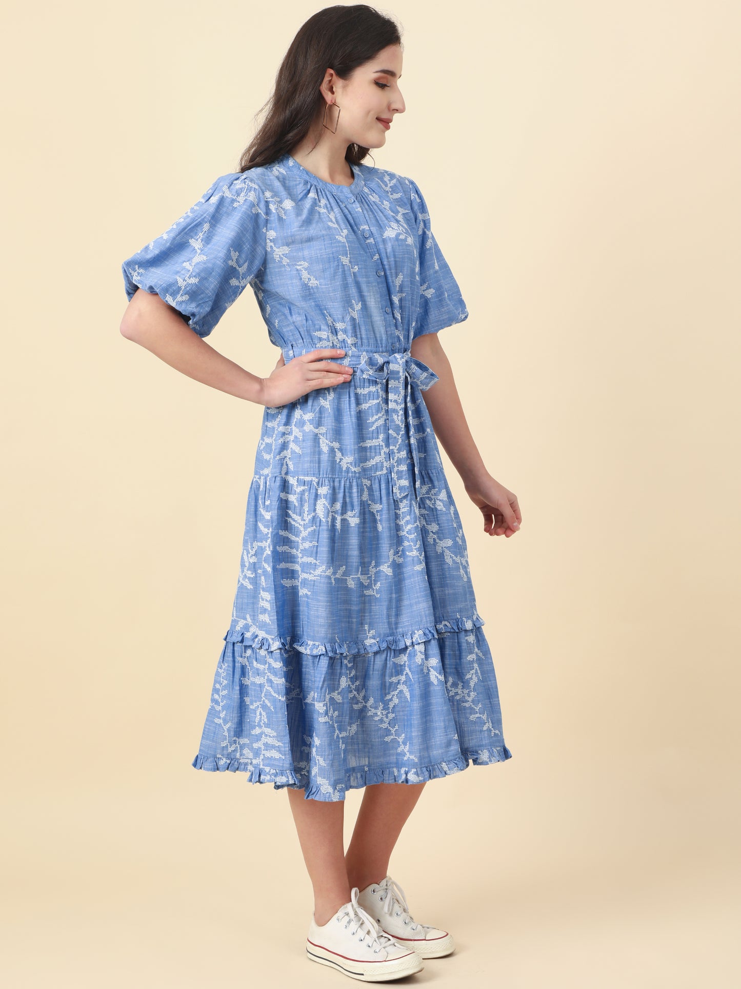 Women's Blue Puffed Sleeves A-Line Dress By Room9 The Popup Store