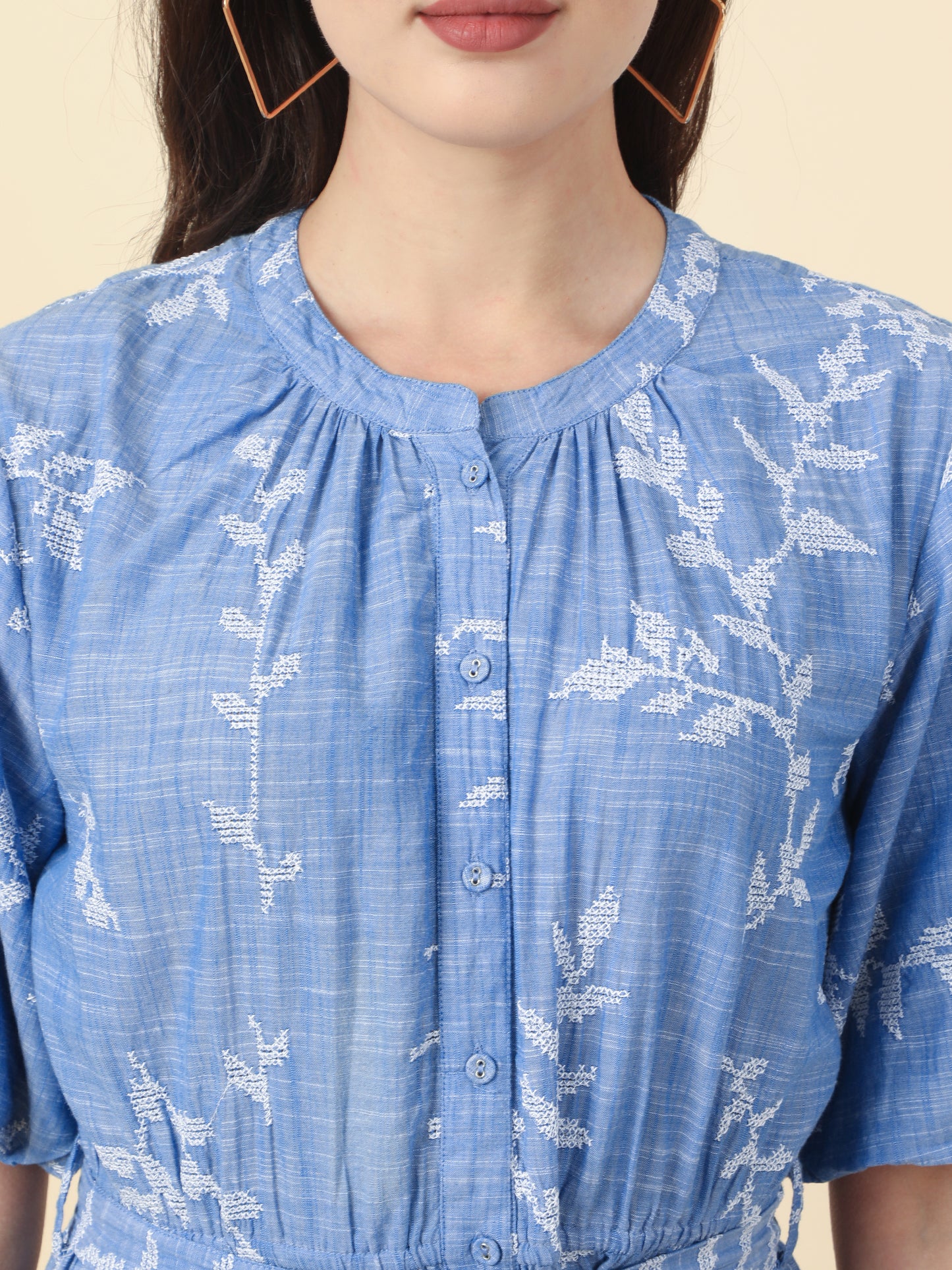 Women's Blue Puffed Sleeves A-Line Dress By Room9 The Popup Store