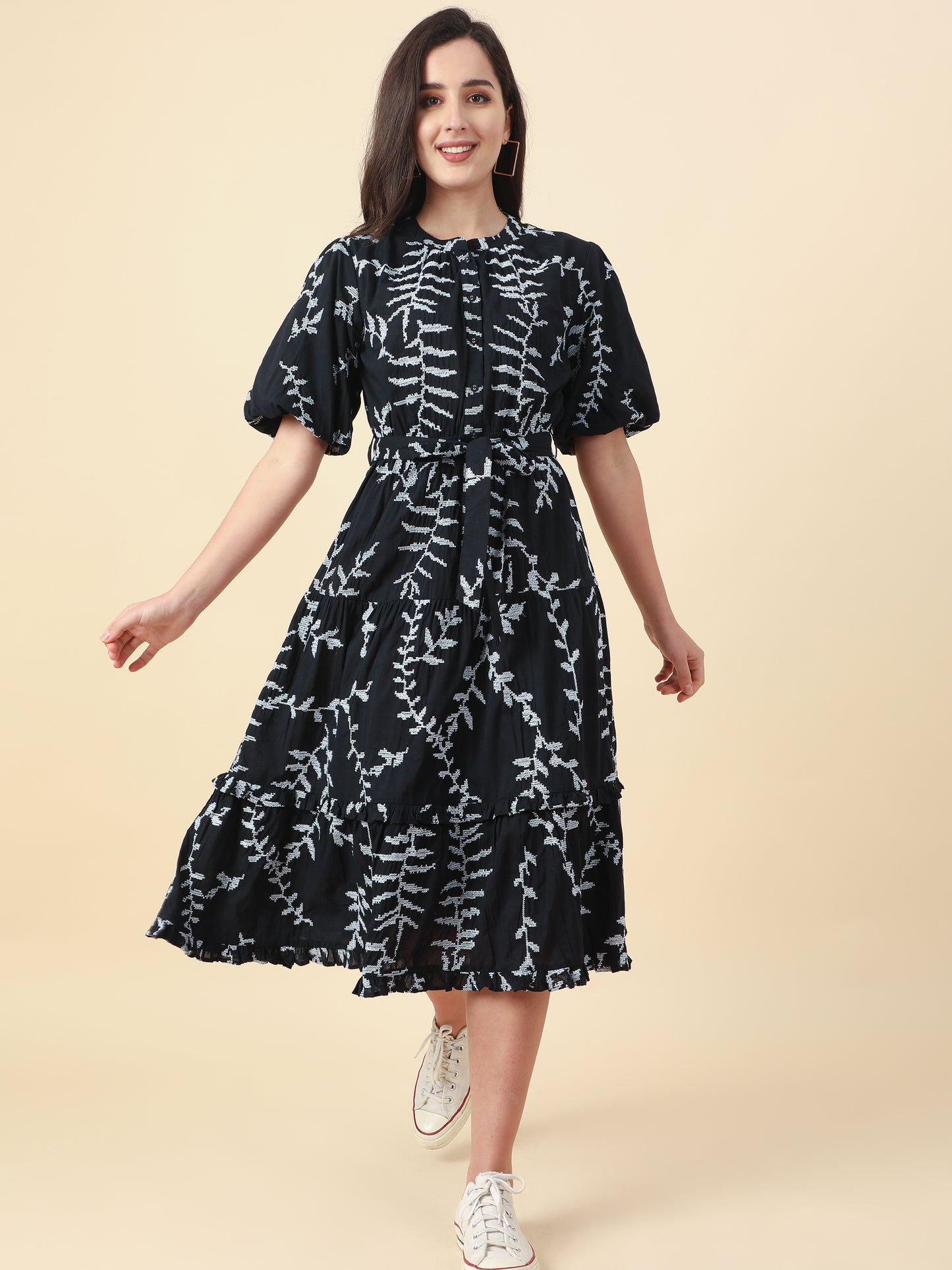 Women's Black Natural Printed A-Line Dress By Room9 The Popup Store