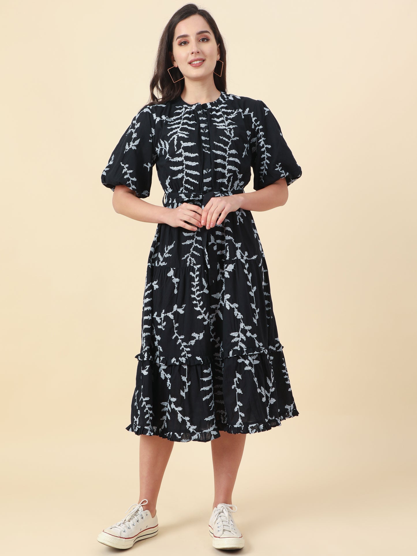 Women's Black Natural Printed A-Line Dress By Room9 The Popup Store