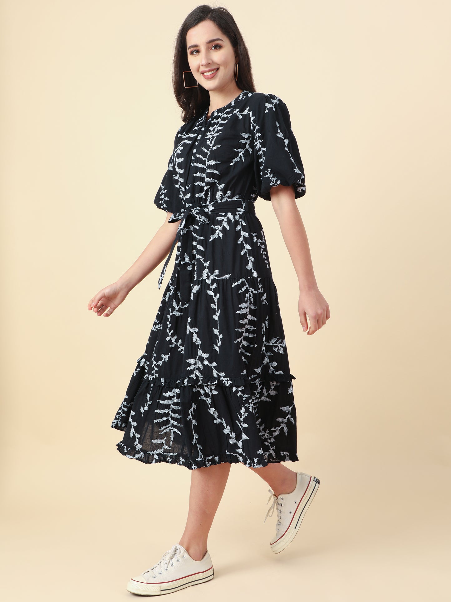 Women's Black Natural Printed A-Line Dress By Room9 The Popup Store