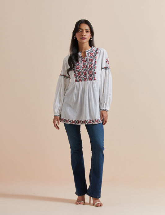 Women's White Cotton Multicolored Embroidered Top By Room9 The Popup Store