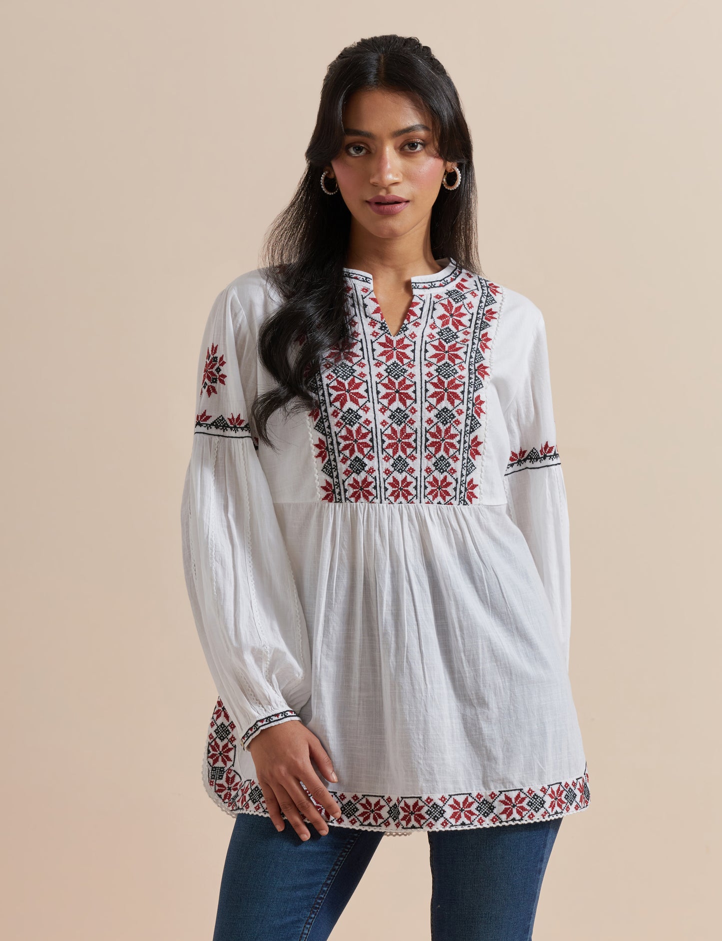 Women's White Cotton Multicolored Embroidered Top By Room9 The Popup Store