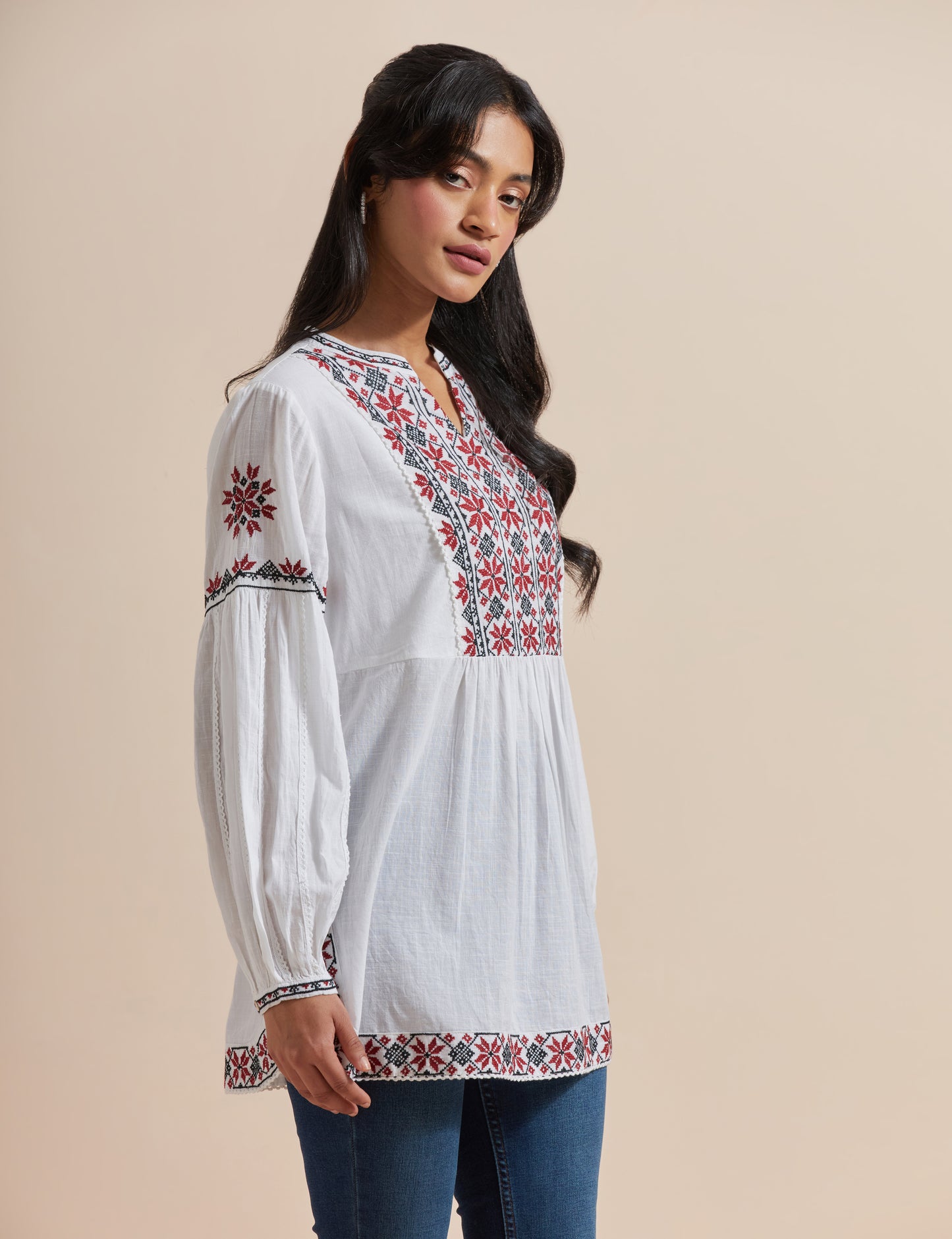 Women's White Cotton Multicolored Embroidered Top By Room9 The Popup Store
