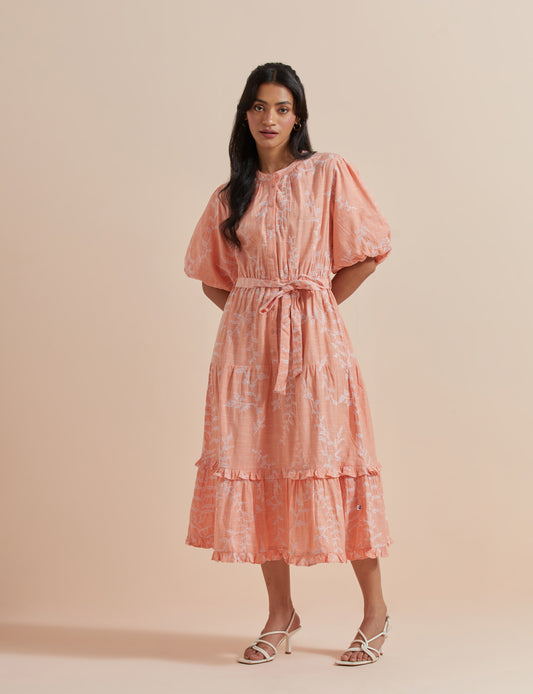 Women's Peach A-Line Puffed Sleeves Dress By Room9 The Popup Store