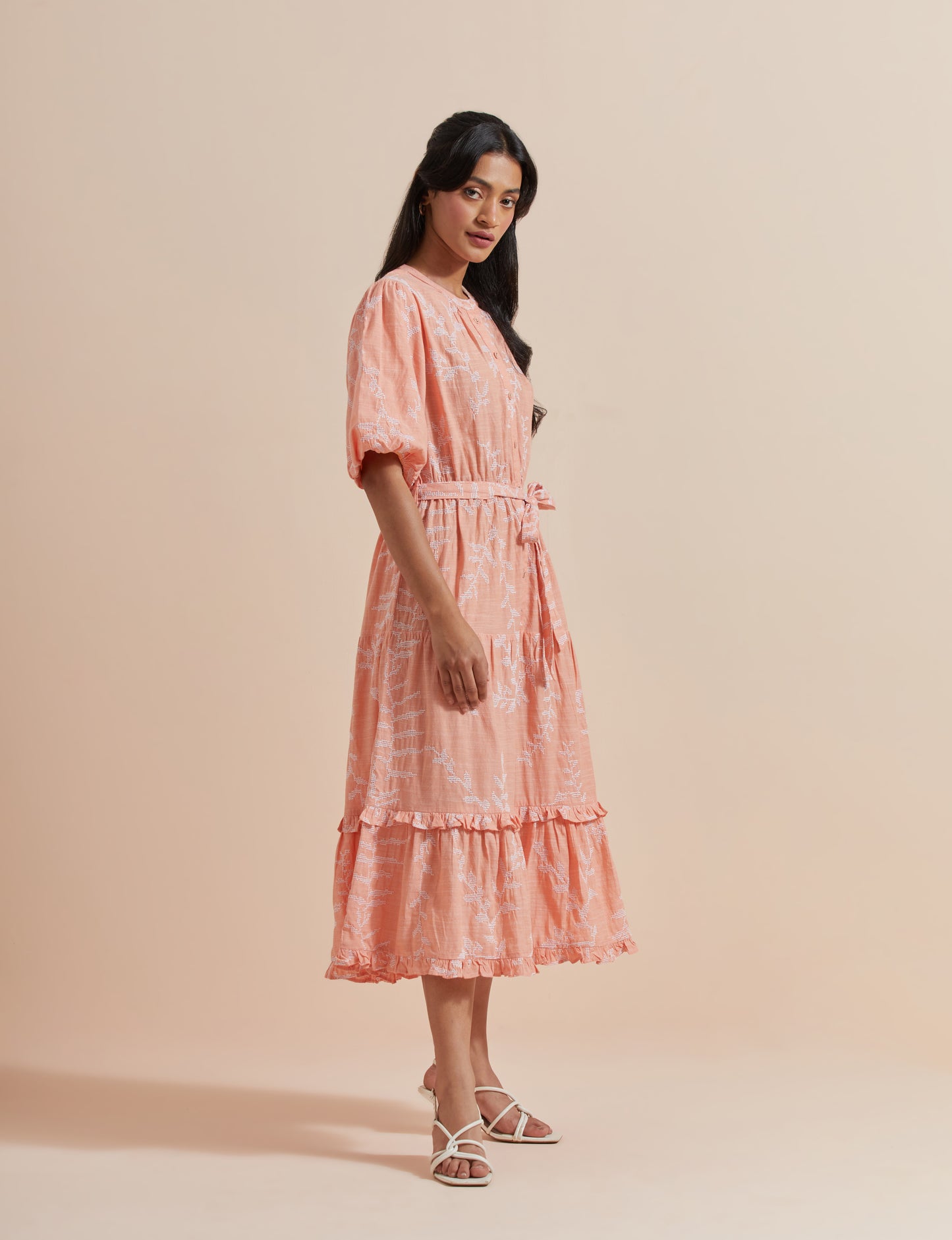 Women's Peach A-Line Puffed Sleeves Dress By Room9 The Popup Store