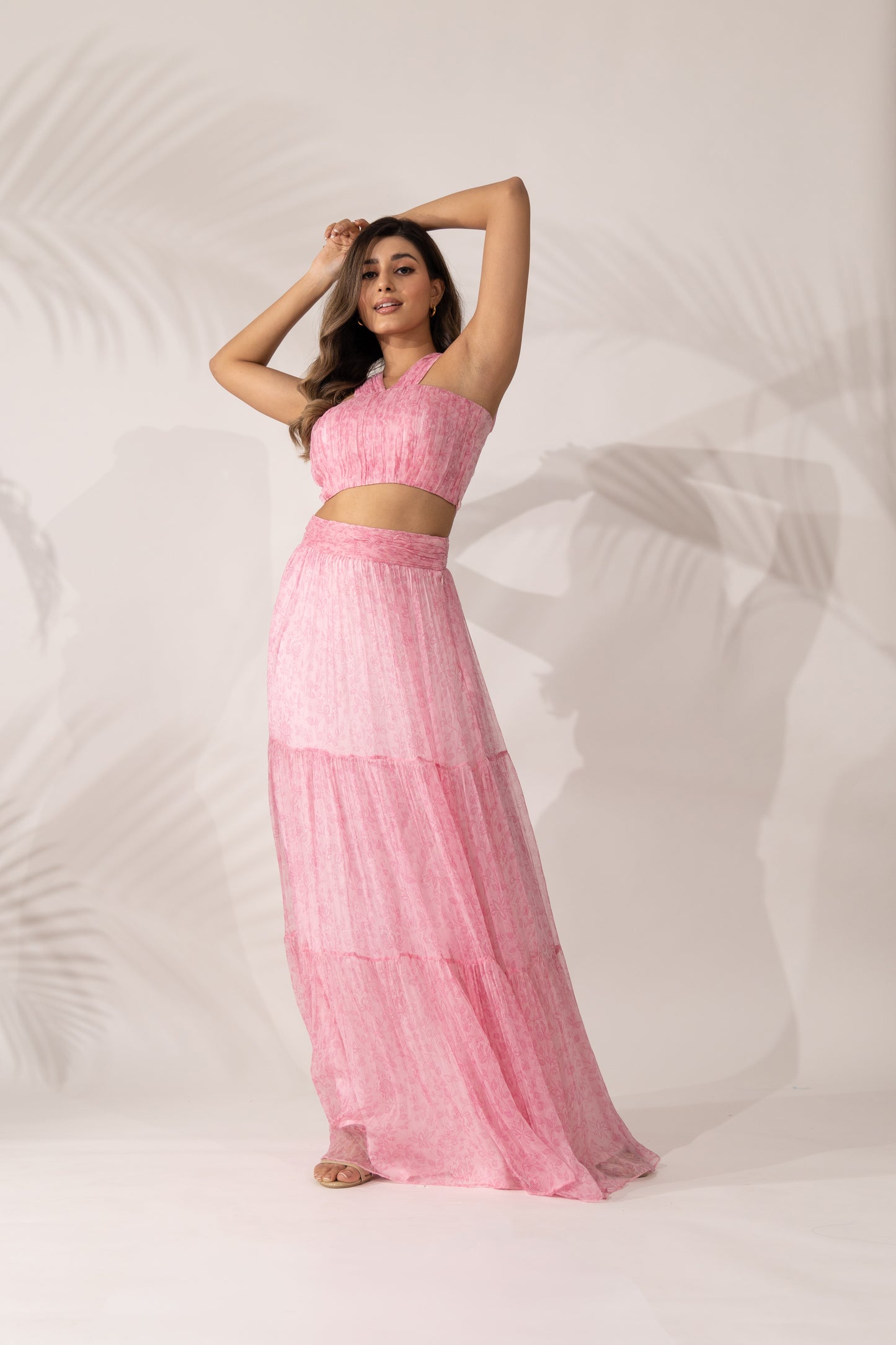 Women's Cherry Blossom Hand Pleated Crop Top and Maxi Skirt Co-Ord By Room9 The Popup Store
