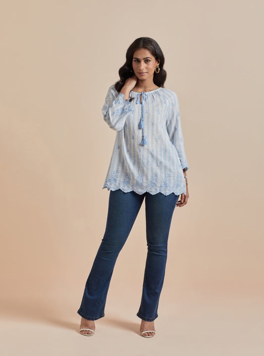 Women's Blue Striped Cotton Top By Room9 The Popup Store
