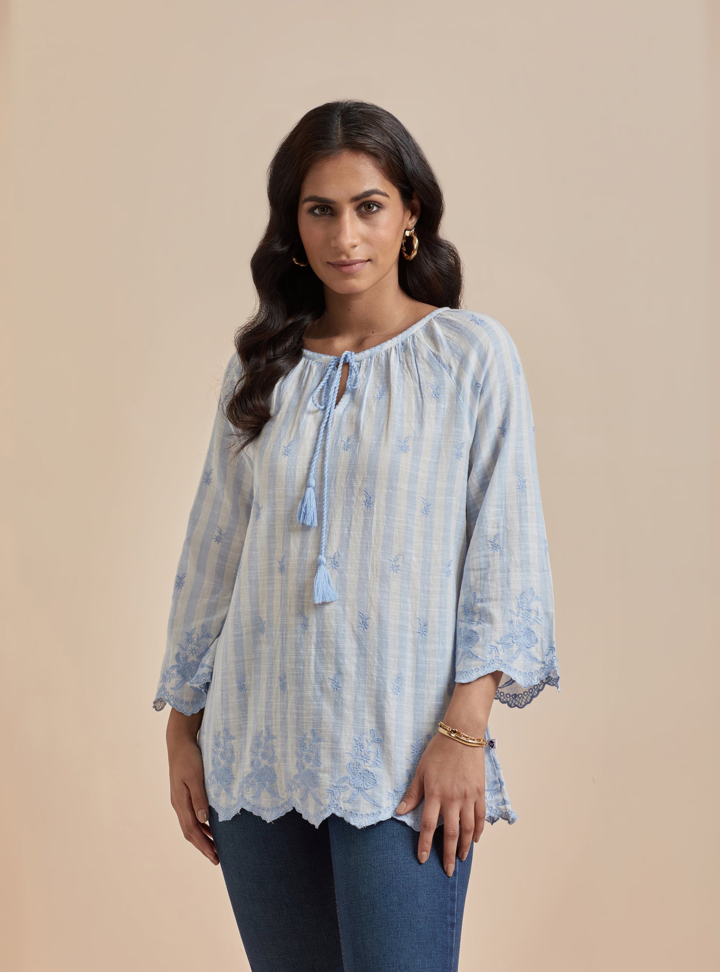 Women's Blue Striped Cotton Top By Room9 The Popup Store