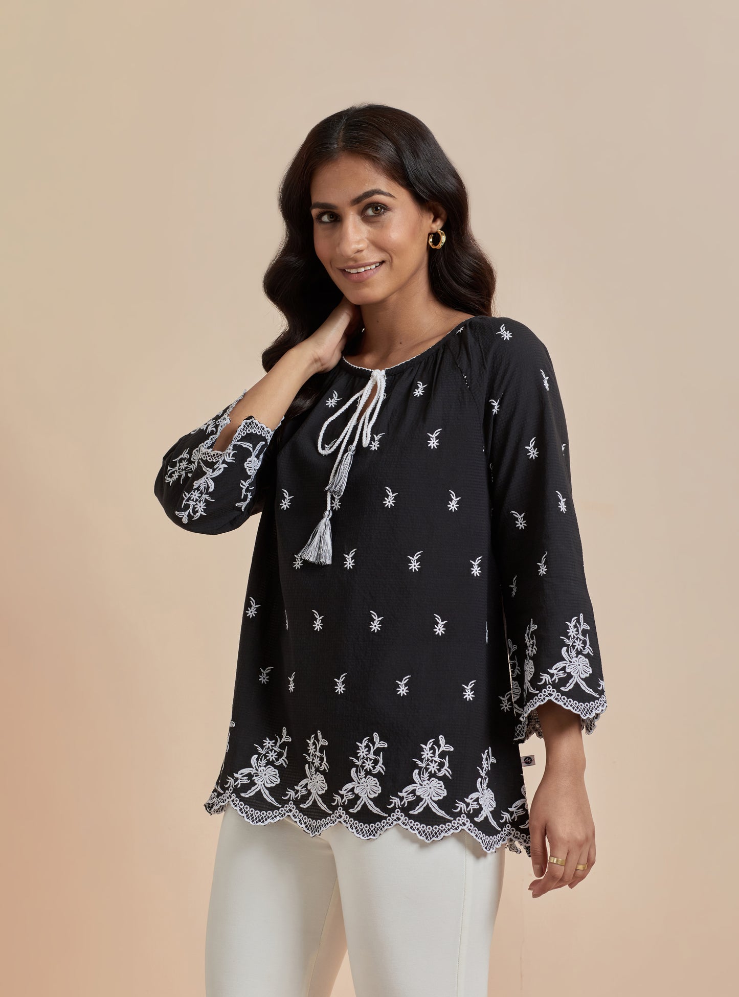 Women's Black Printed Top With Front Knot  By Room9 The Popup Store