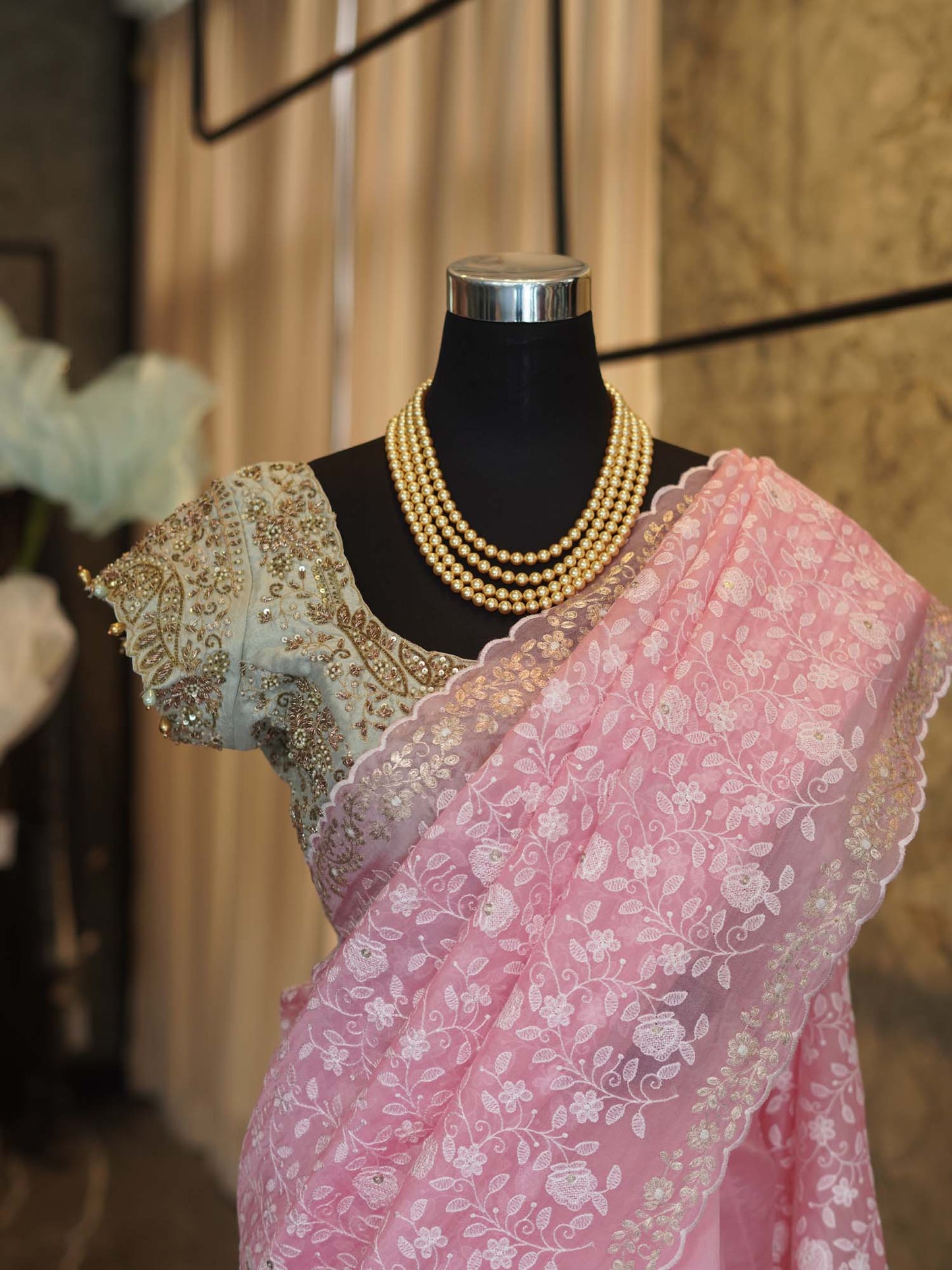 Women's Pink Petal Charisma: Georgette Chikankari Sari with Allover Embroidery By Room9 The Popup Store