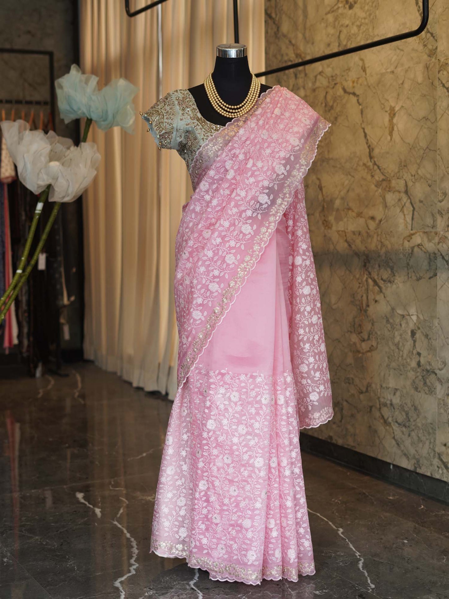 Women's Pink Petal Charisma: Georgette Chikankari Sari with Allover Embroidery By Room9 The Popup Store