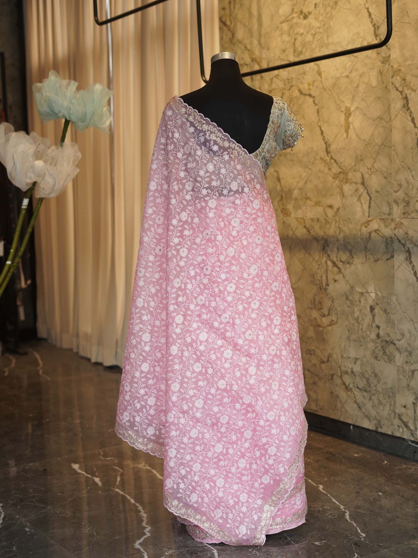 Women's Pink Petal Charisma: Georgette Chikankari Sari with Allover Embroidery By Room9 The Popup Store