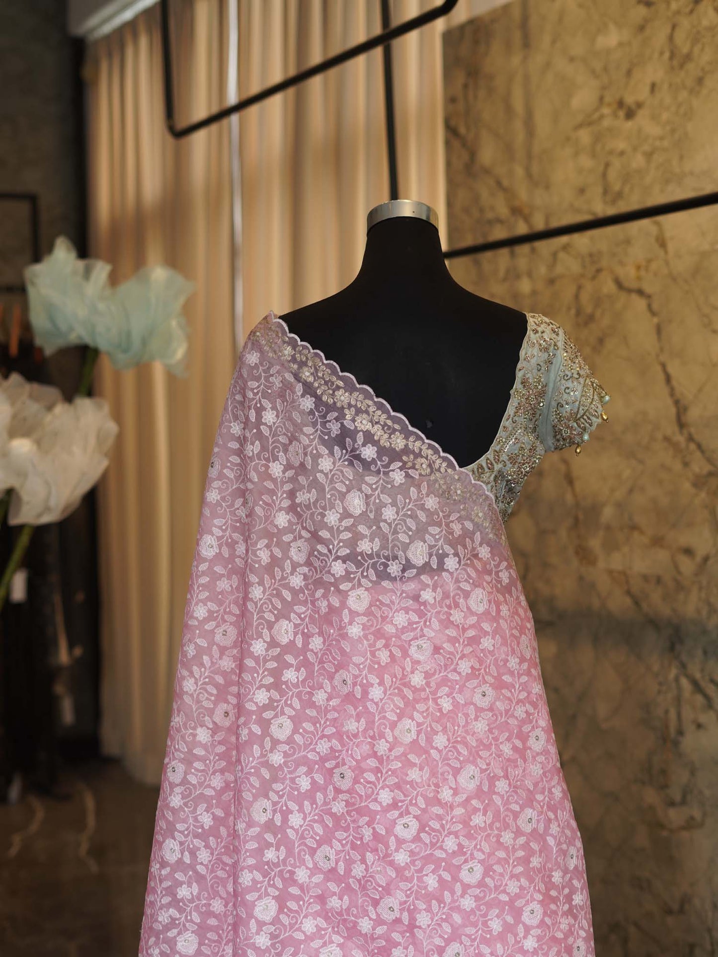 Women's Pink Petal Charisma: Georgette Chikankari Sari with Allover Embroidery By Room9 The Popup Store