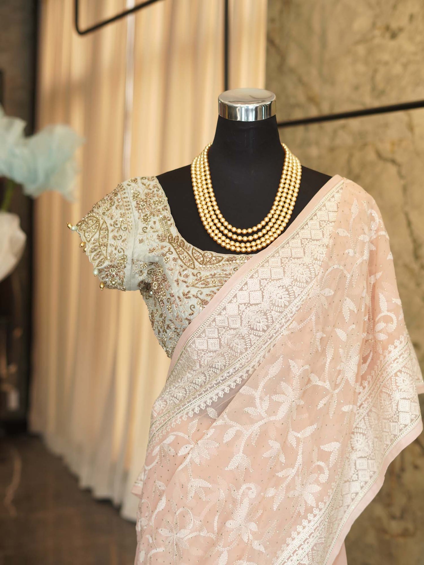 Women's Blush Bloom: Pink Georgette Chikankari Sari with Allover Embroidery By Room9 The Popup Store