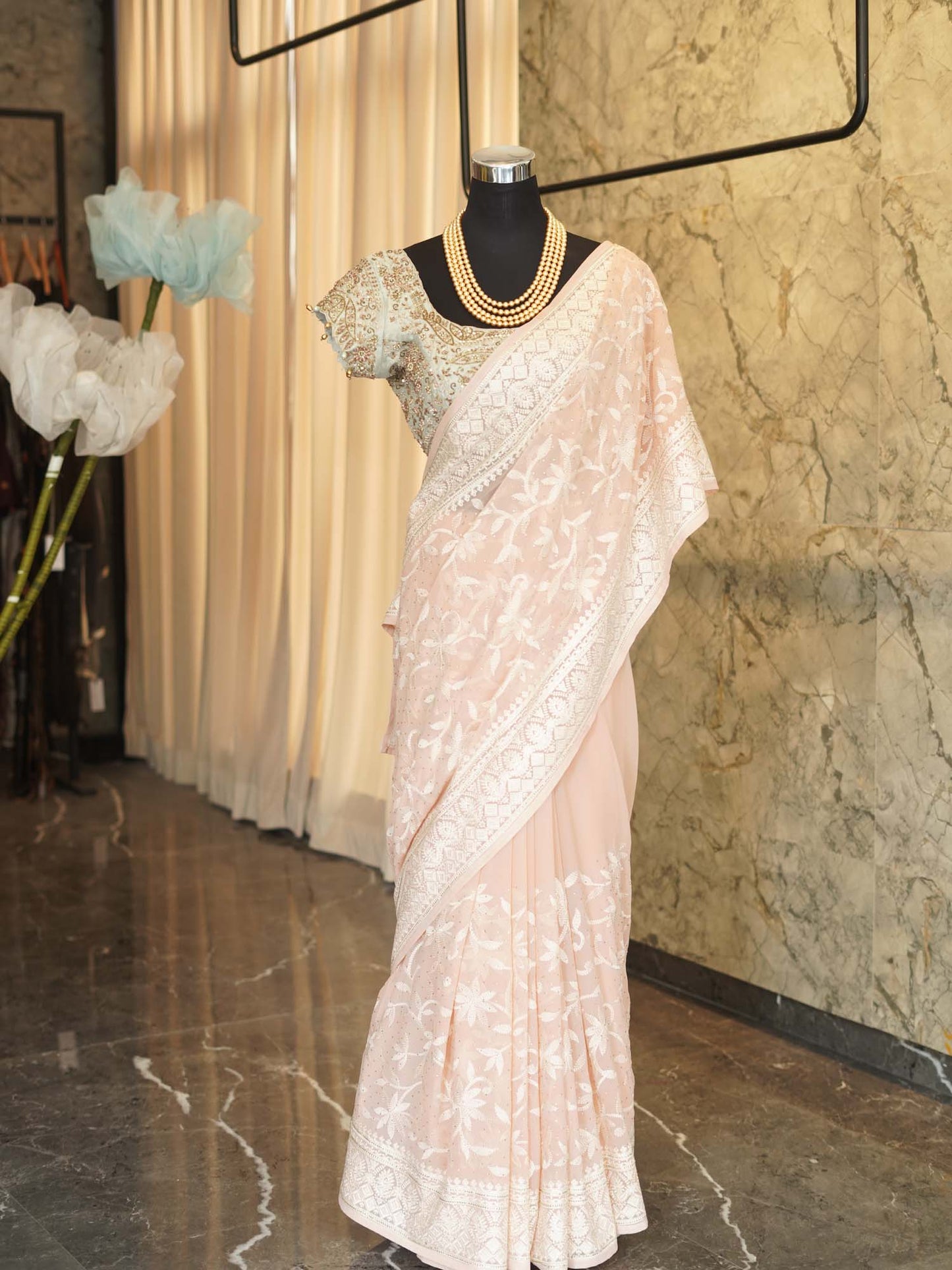Women's Blush Bloom: Pink Georgette Chikankari Sari with Allover Embroidery By Room9 The Popup Store