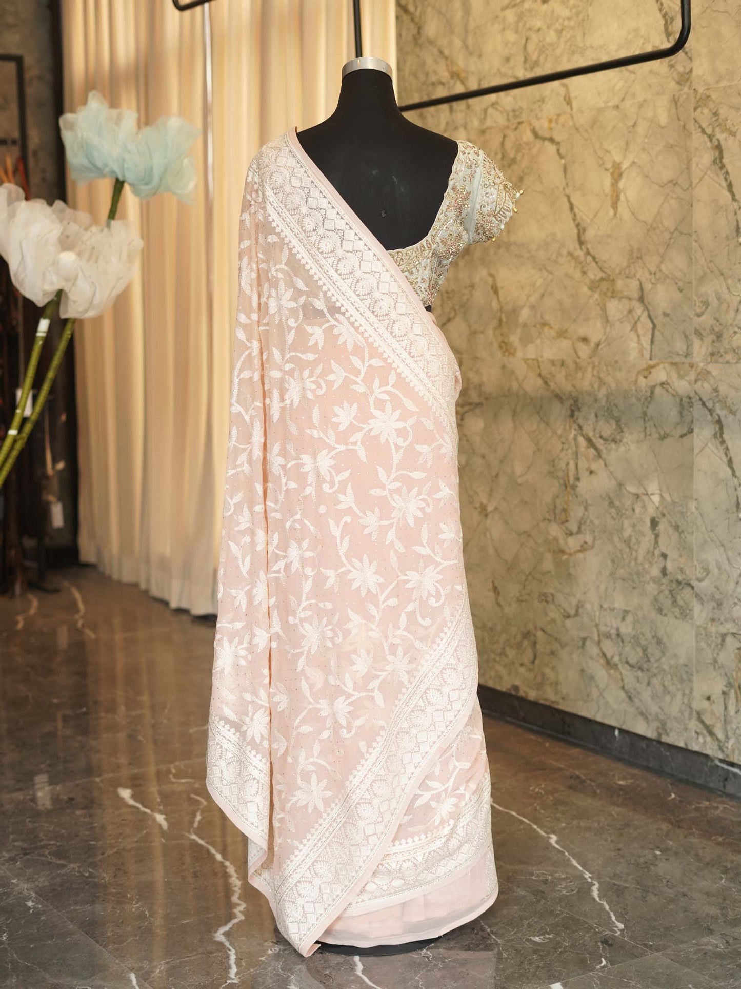 Women's Blush Bloom: Pink Georgette Chikankari Sari with Allover Embroidery By Room9 The Popup Store