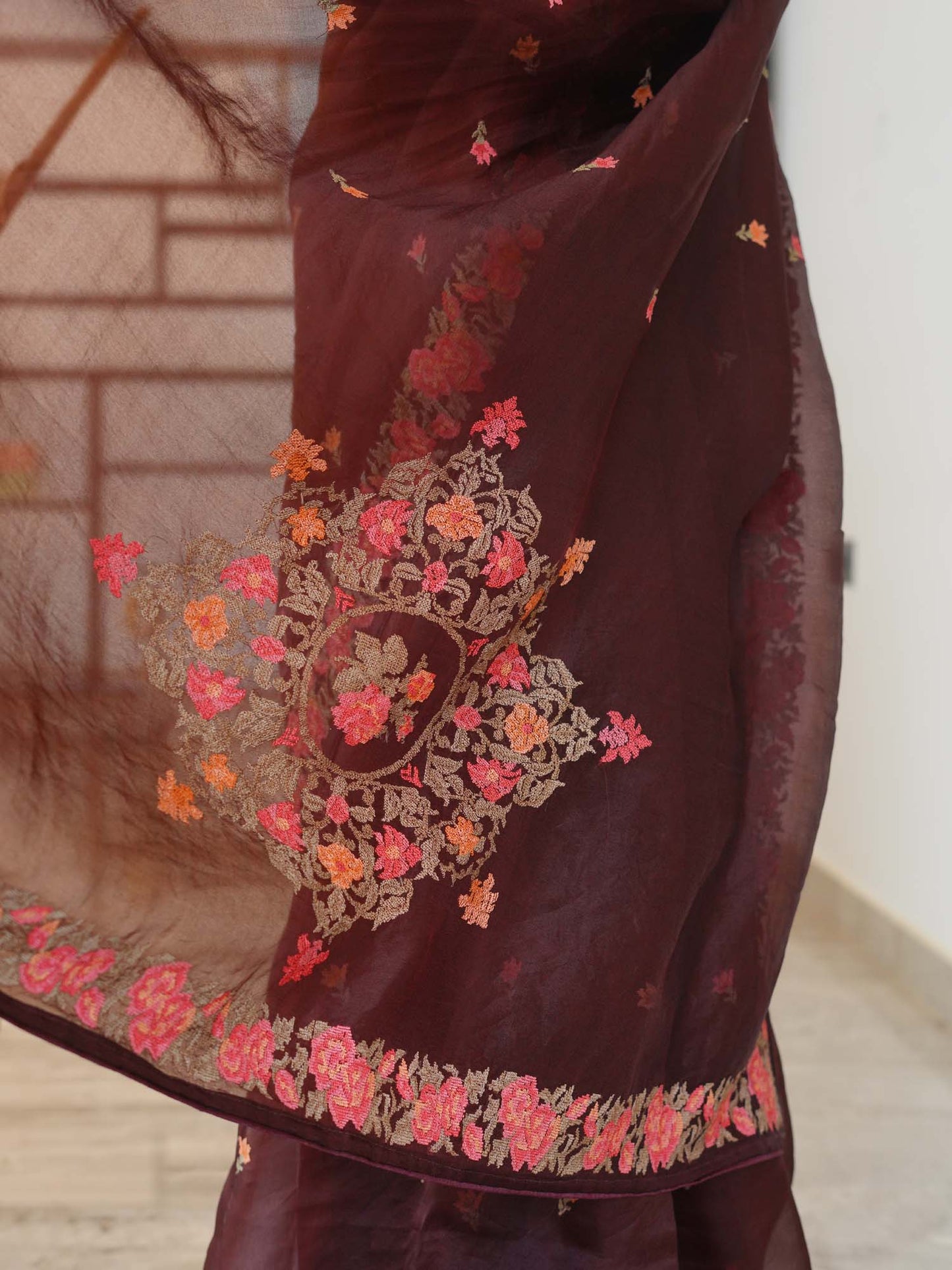 Women's Burgundy Blossom Tapestry Saree By Room9 The Popup Store