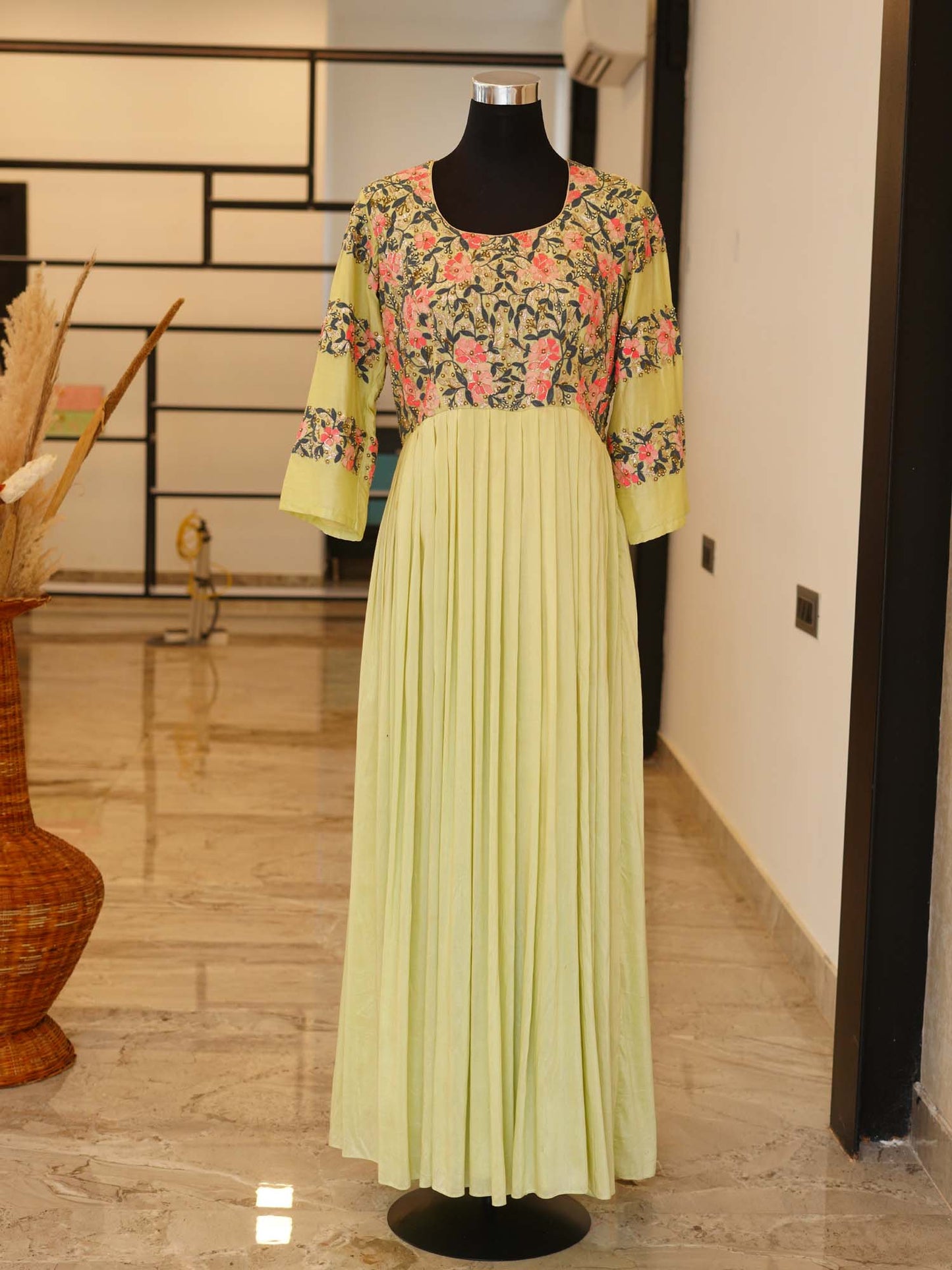 Women's Emerald Elegance: Ethnic Motif Fit-and-Flare Floor-Length Dress By Room9 The Popup Store