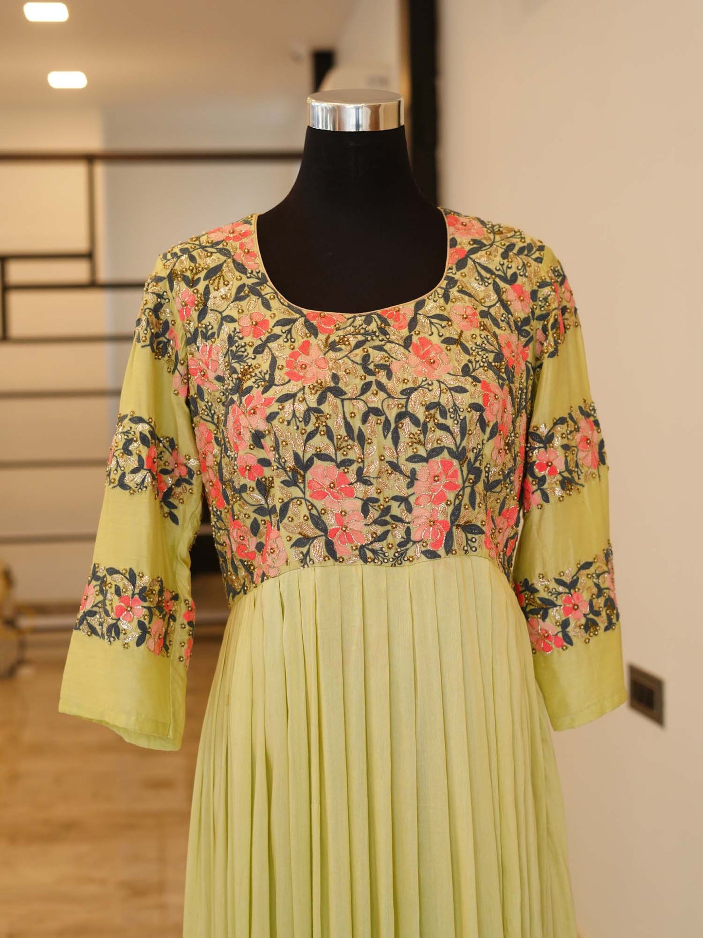 Women's Emerald Elegance: Ethnic Motif Fit-and-Flare Floor-Length Dress By Room9 The Popup Store