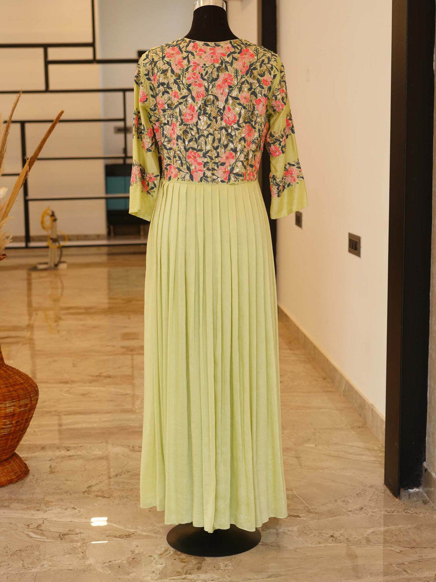Women's Emerald Elegance: Ethnic Motif Fit-and-Flare Floor-Length Dress By Room9 The Popup Store
