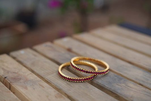 Women's Golden Glow Duo: Brass Bangles with Radiant Red Stones By Room9 The Popup Store