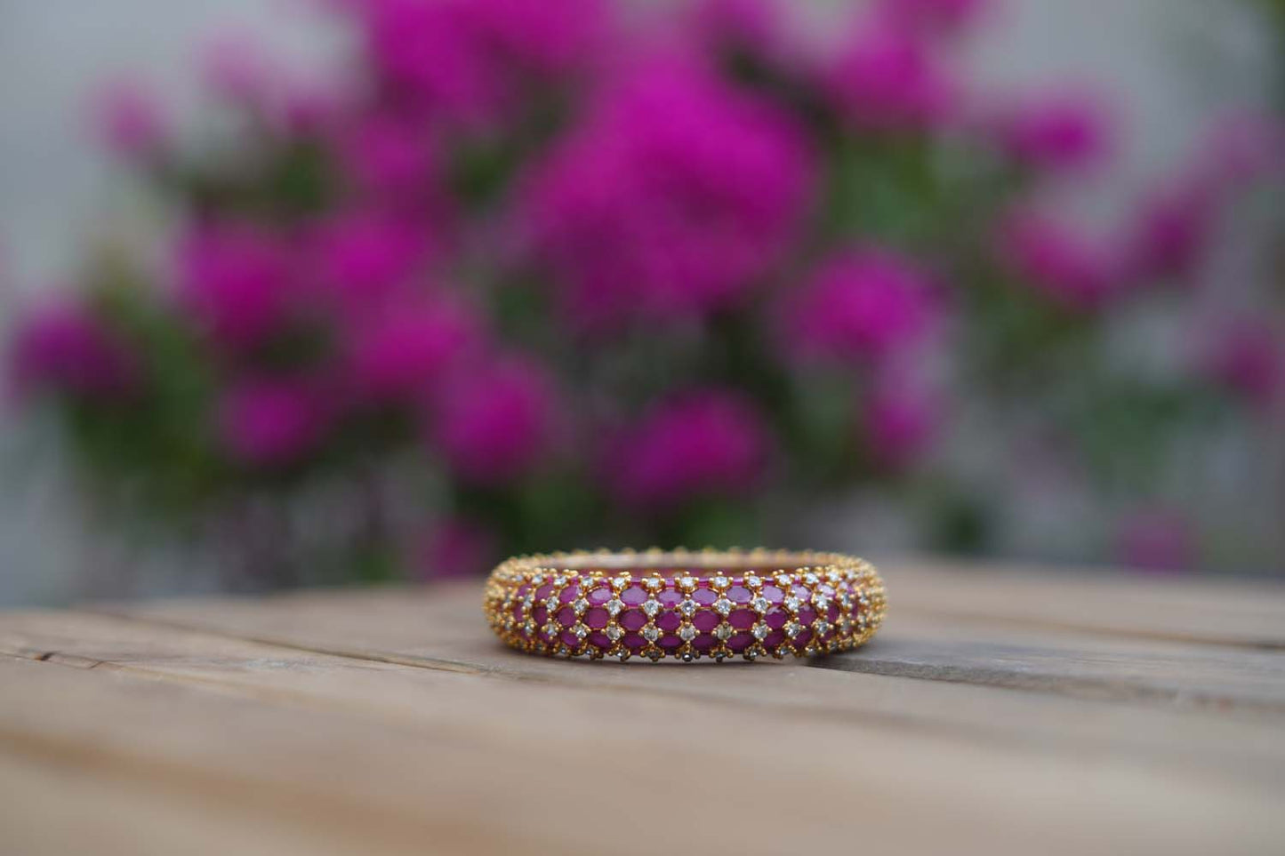Women's Radiant Crimson Splendor: Golden Bangle with Ad Stones By Room9 The Popup Store