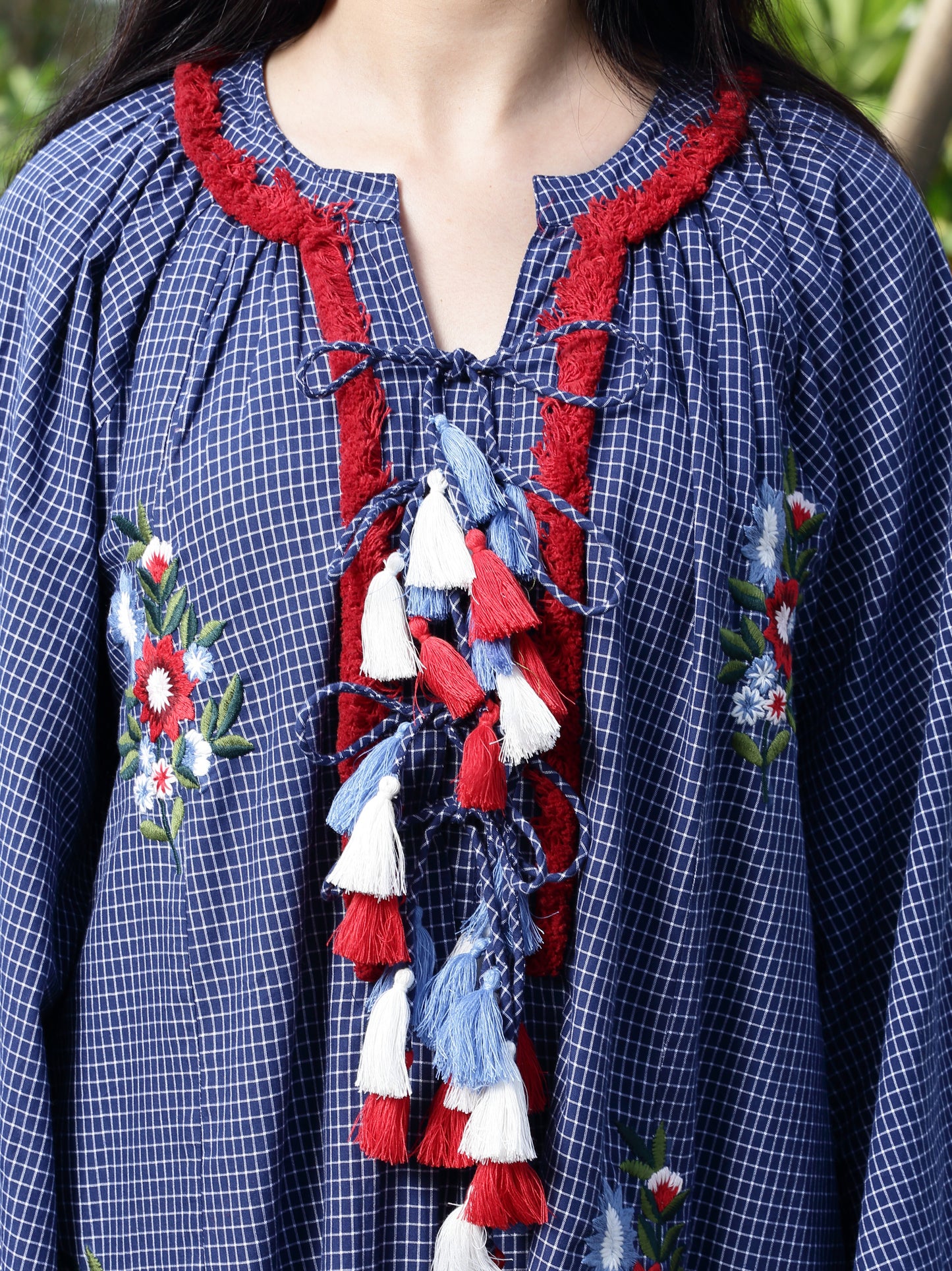 Women's Navy Check Embroidered Long Dress By Room9 The Popup Store
