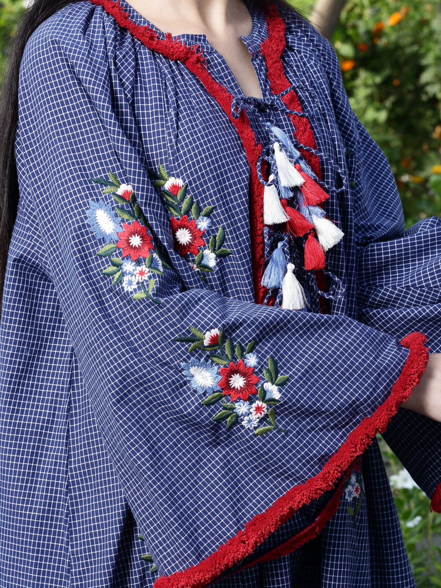 Women's Navy Check Embroidered Long Dress By Room9 The Popup Store
