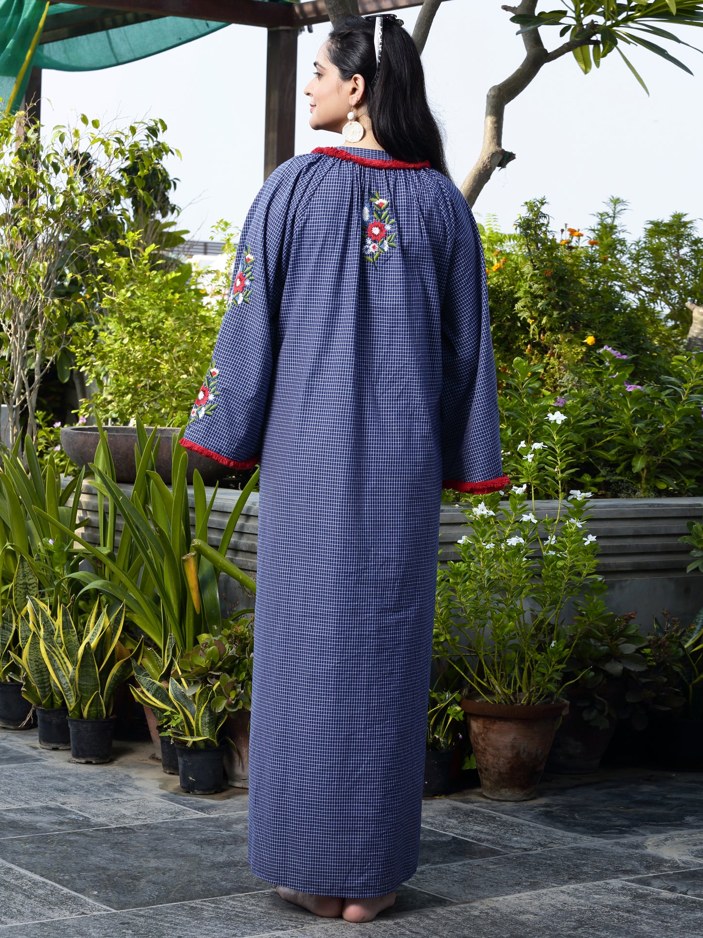 Women's Navy Check Embroidered Long Dress By Room9 The Popup Store