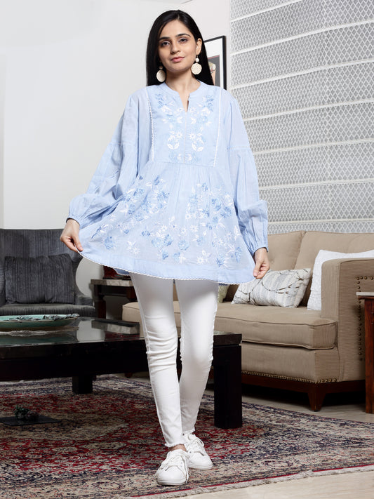 Women's Sky Blue Tunic With Chikankari Work By Room9 The Popup Store