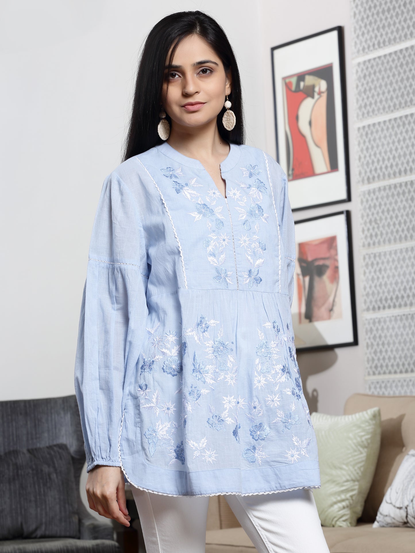 Women's Sky Blue Tunic With Chikankari Work By Room9 The Popup Store