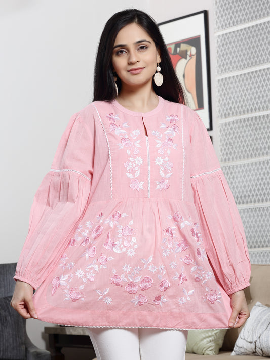Women's Pastel Pink Chikankari Tunic By Room9 The Popup Store