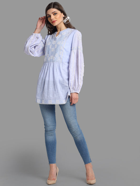 Women's Light Blue Embroidered Cotton Top By Room9 The Popup Store