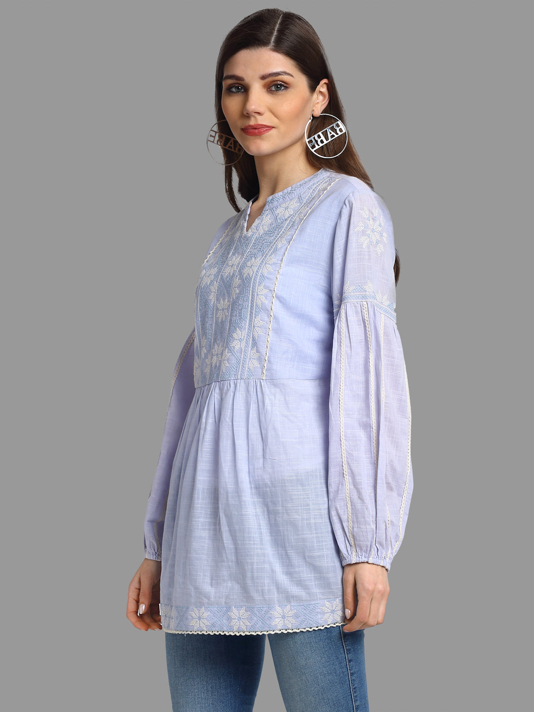 Women's Light Blue Embroidered Cotton Top By Room9 The Popup Store