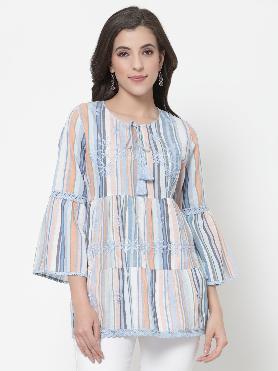 Women's Multi Striped Embroidered Top With Bell Sleeves By Room9 The Popup Store