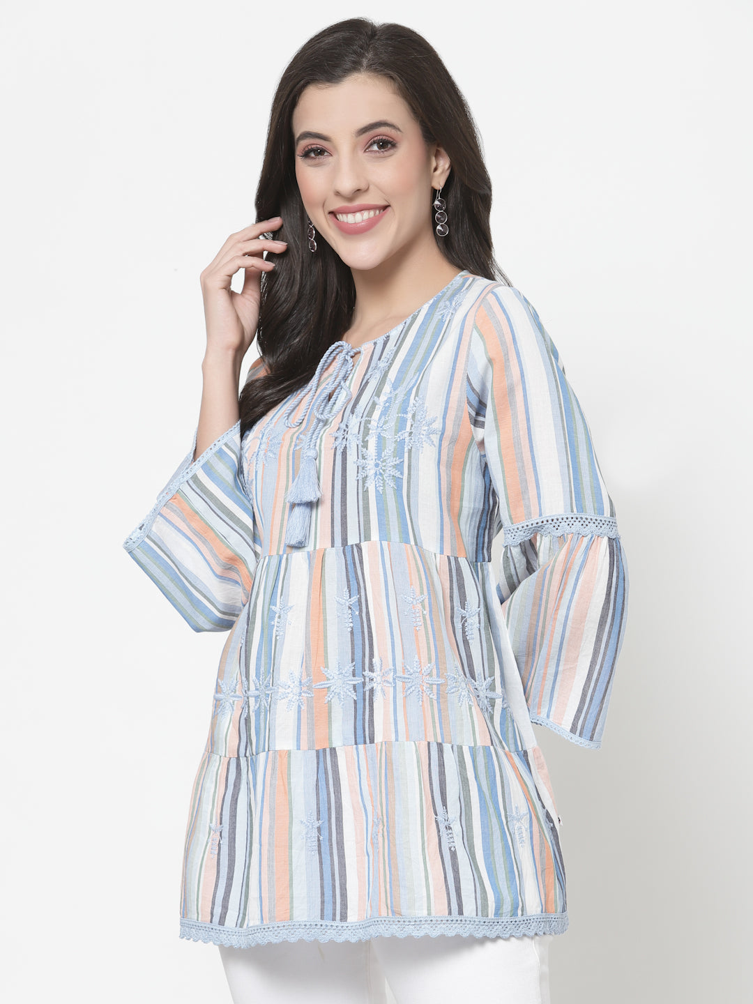 Women's Multi Striped Embroidered Top With Bell Sleeves By Room9 The Popup Store