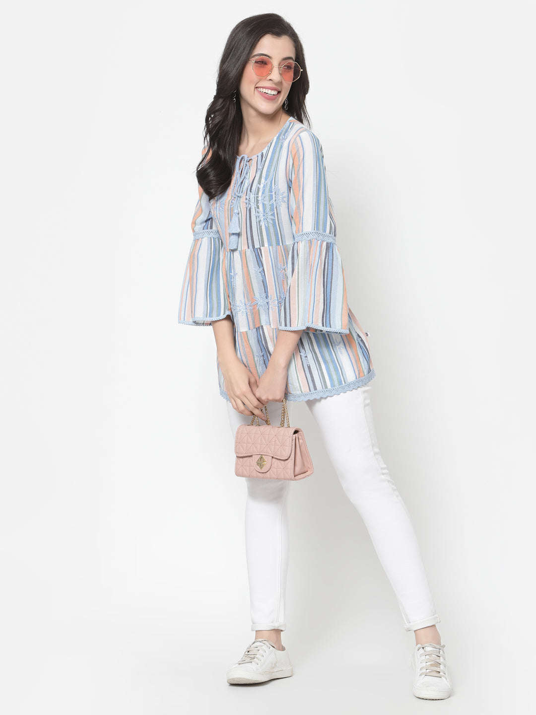 Women's Multi Striped Embroidered Top With Bell Sleeves By Room9 The Popup Store