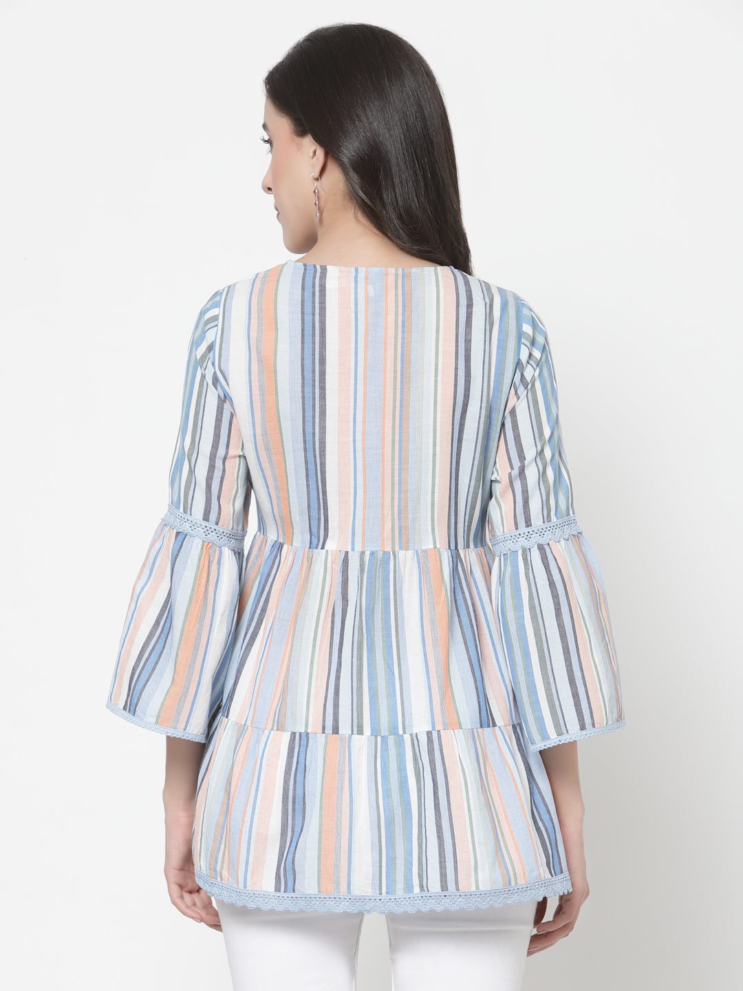 Women's Multi Striped Embroidered Top With Bell Sleeves By Room9 The Popup Store