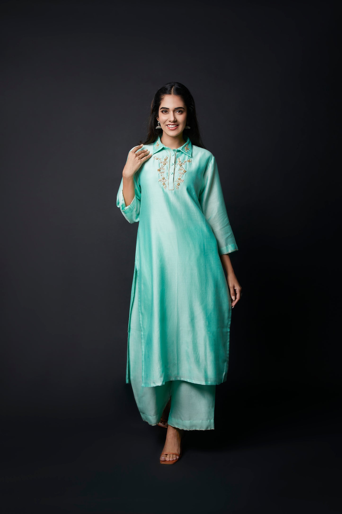 Women's Serene Sky Collared Chanderi Suit Set By Room9 The Popup Store