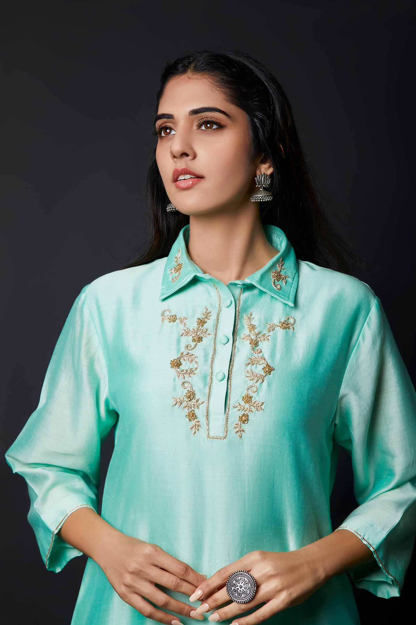 Women's Serene Sky Collared Chanderi Suit Set By Room9 The Popup Store