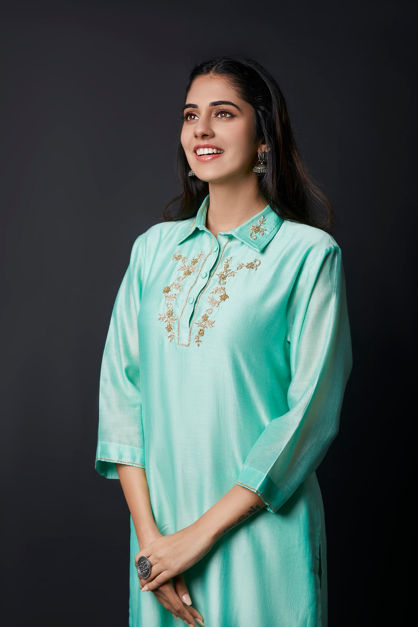Women's Serene Sky Collared Chanderi Suit Set By Room9 The Popup Store